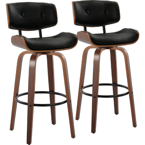 Lombardi 30" Swivel Bar Stool in Walnut Wood & Black Leatherette with Black Footrest (Set of 2)